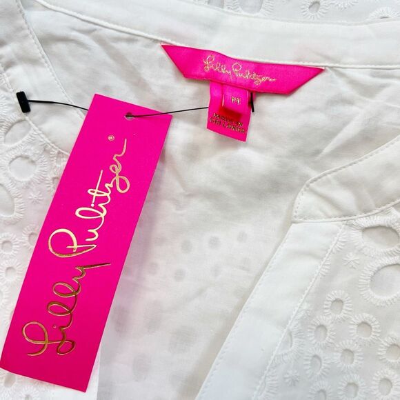 Lilly Pulitzer Womens White Bekah 3/4 Sleeves Split Neck Eyelet Top Size Medium - Picture 6 of 8